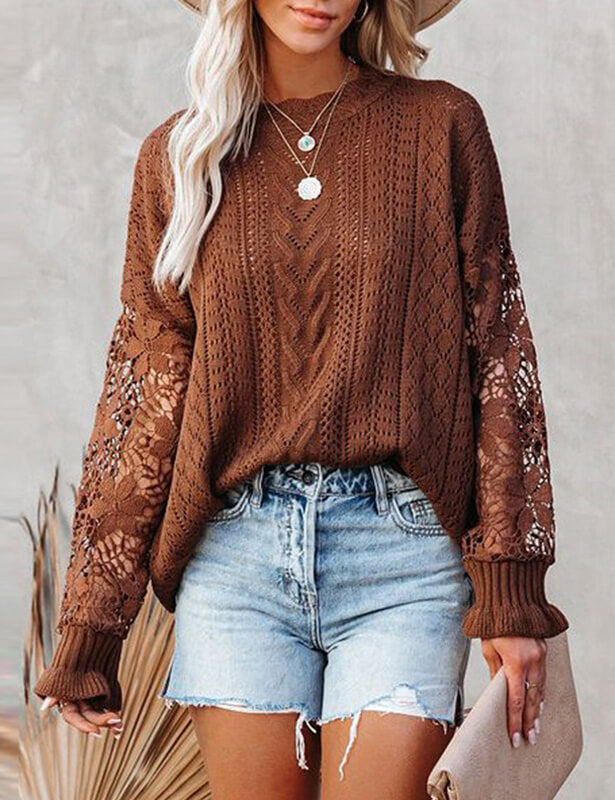 Hollow Out Crochet Lace Sweater Women Knit Pullover Tops