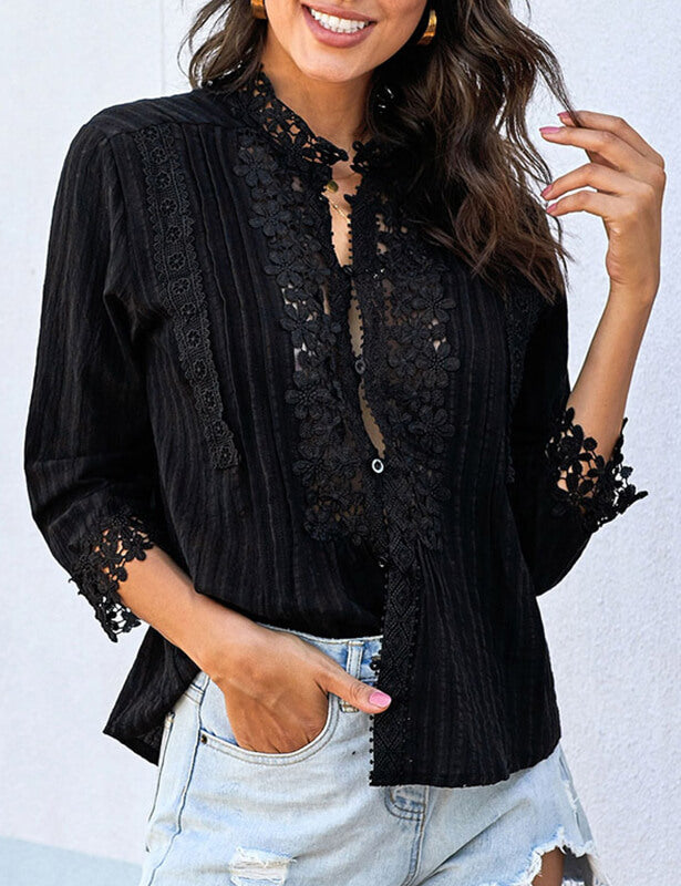 Womens V-Neck Lace Tops Long Sleeve Blouses