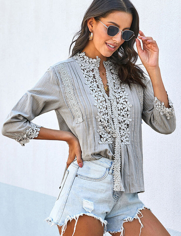 Womens V-Neck Lace Tops Long Sleeve Blouses