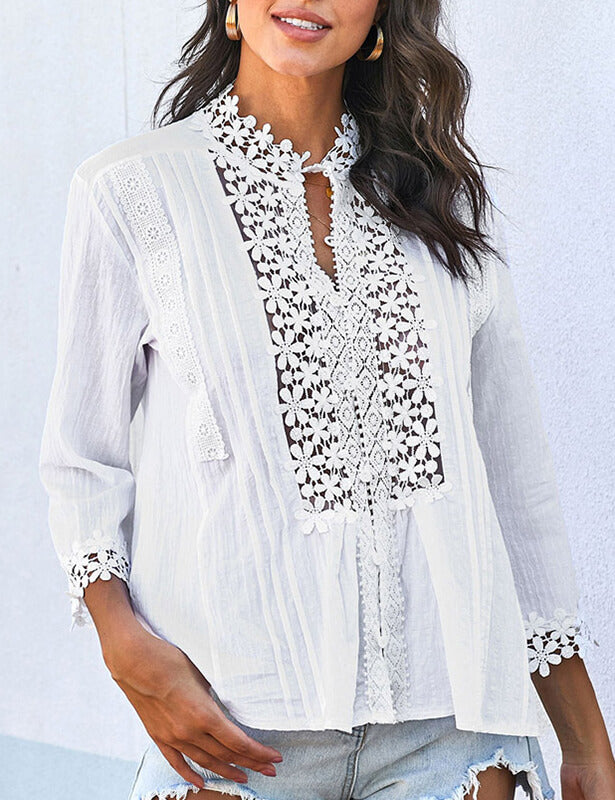 Womens V-Neck Lace Tops Long Sleeve Blouses