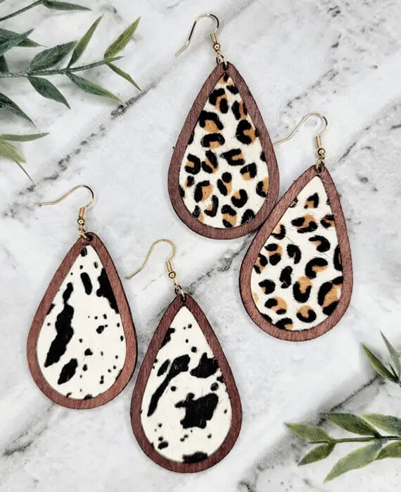 Cowhide and Wood Teardrop Earrings