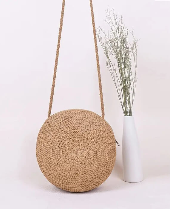 Delicate Textured Straw Crossbody Bag Cute Round Bag