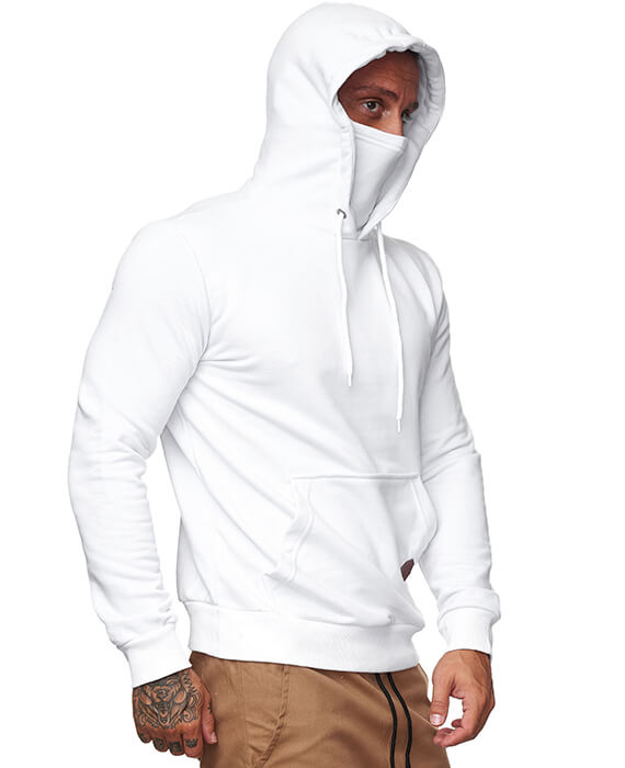 Face Cover Casual Men's Hoodie Drawstring Hooded Sweatshirt, White, M