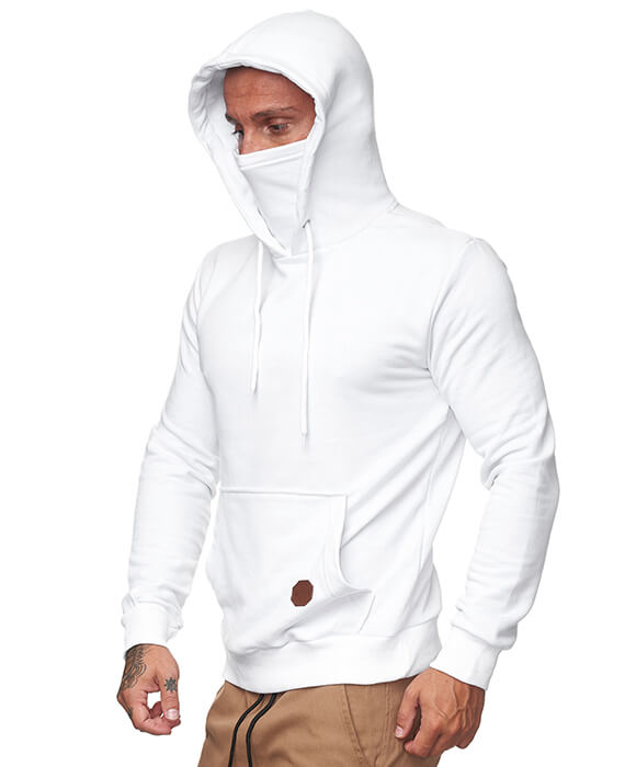 Face Cover Casual Men's Hoodie Drawstring Hooded Sweatshirt, Light Gray, M