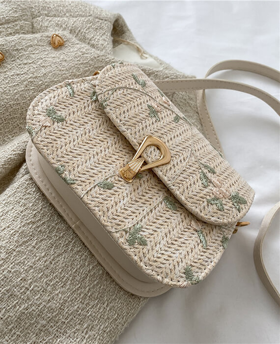 Floral Embroidery Straw Saddle Bag-1