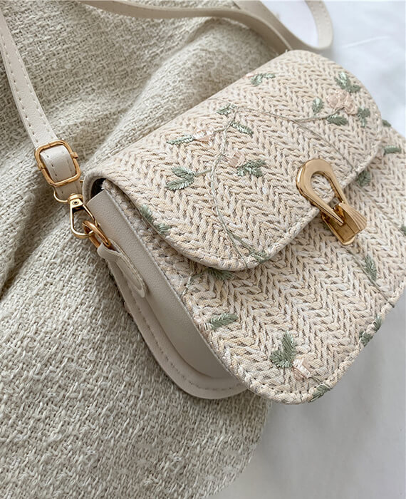 Floral Embroidery Straw Saddle Bag-2