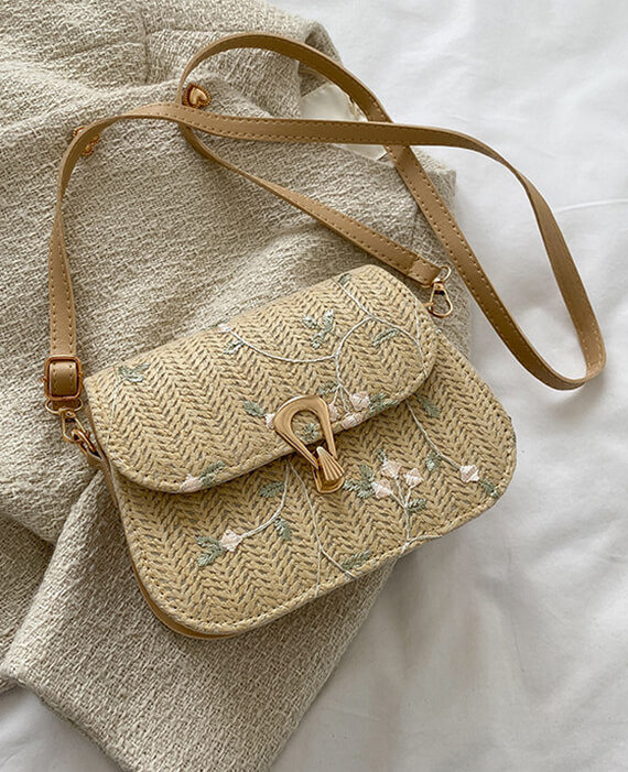 Floral Embroidery Straw Saddle Bag-7