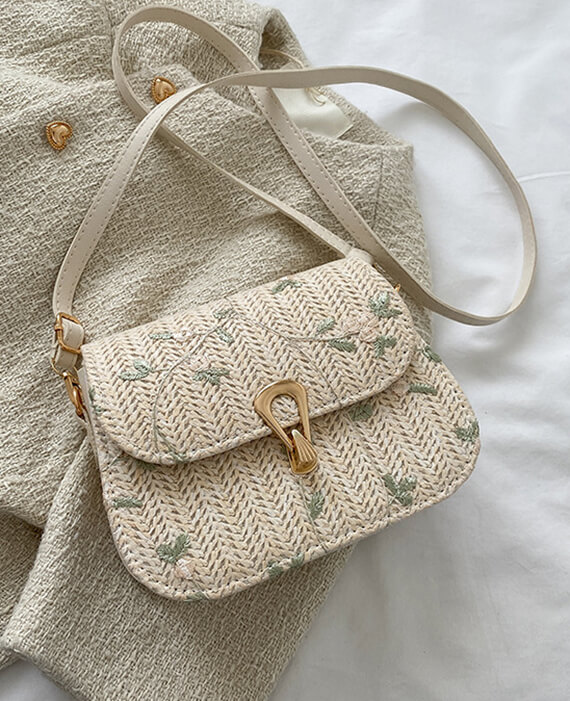 Floral Embroidery Straw Saddle Bag-8
