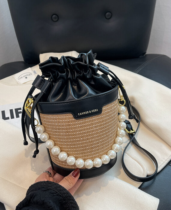Pearl Chain Embossed Drawstring Purse Bucket Bag 1