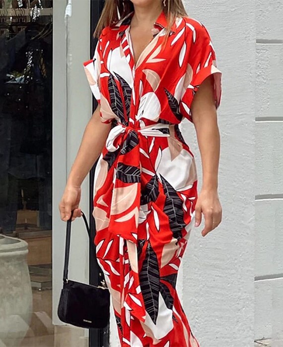 Printed lapel Causal Dress high waist long shirt dress 1