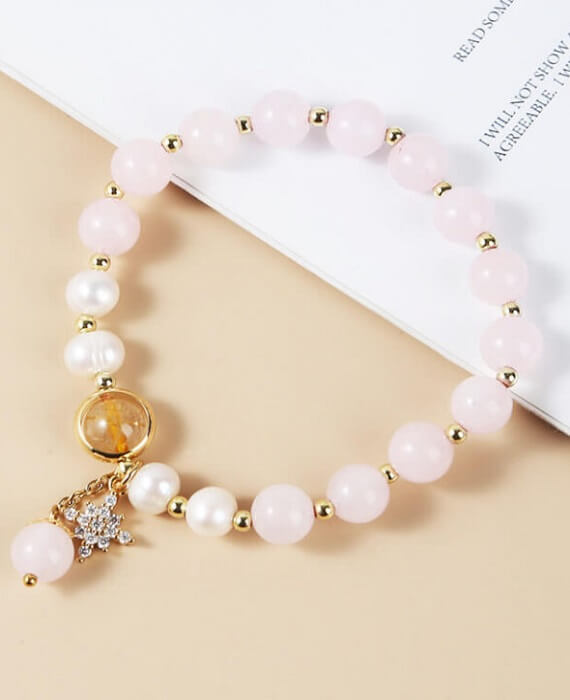Rose Quartz Bracelet Gemstone Pearl Beads Jewelry 1