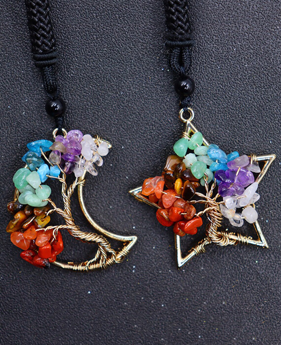 Seven Chakras Tree of Life Wrapped Moon Star Crystal Necklace