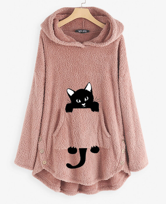 Sherpa Pullover Cute Kitty Hoodie for Women-2