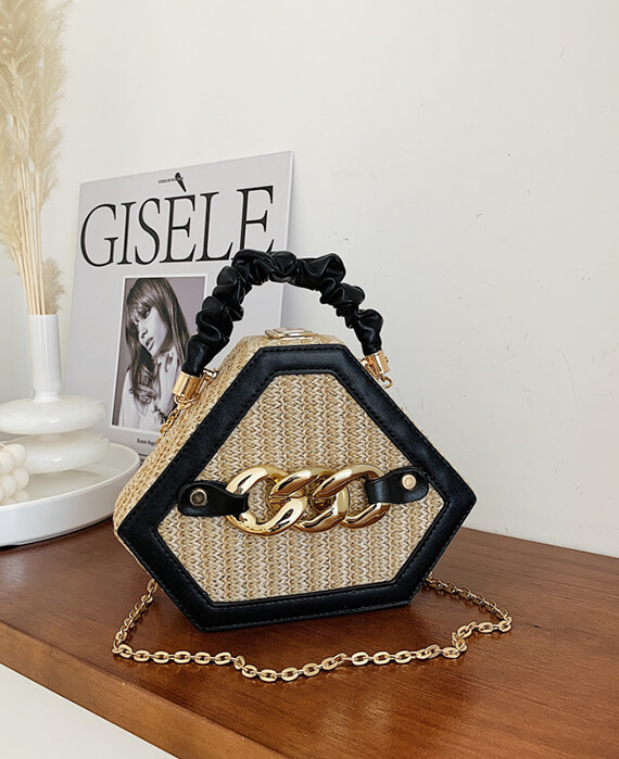 Top Handle Chain Shoulder Straw Box Bag Purse 3