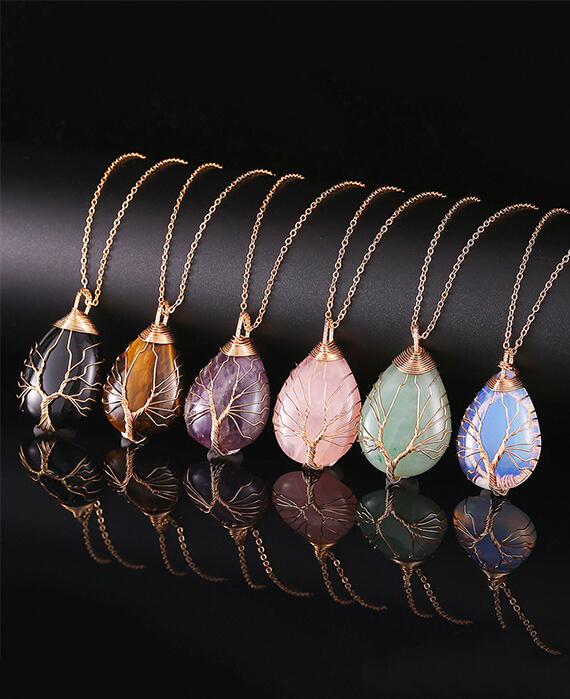 Tree of Life Wrapped Teardrop Chains Crystal Necklace-1
