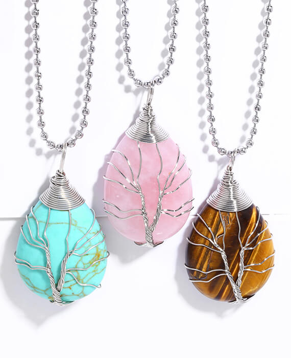 Tree of Life Wrapped Teardrop Chains Crystal Necklace-11