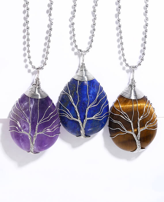 Tree of Life Wrapped Teardrop Chains Crystal Necklace-12