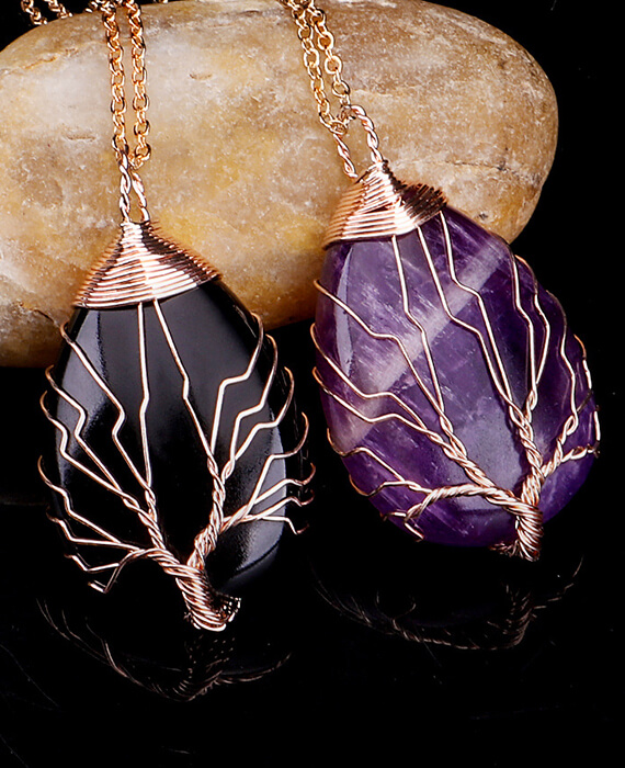 Tree of Life Wrapped Teardrop Chains Crystal Necklace