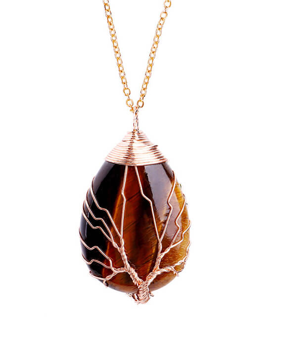 Tree of Life Wrapped Teardrop Chains Crystal Necklace-8
