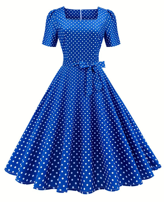 Vintage Square Neck Polk Dot Bow Front Dress 5