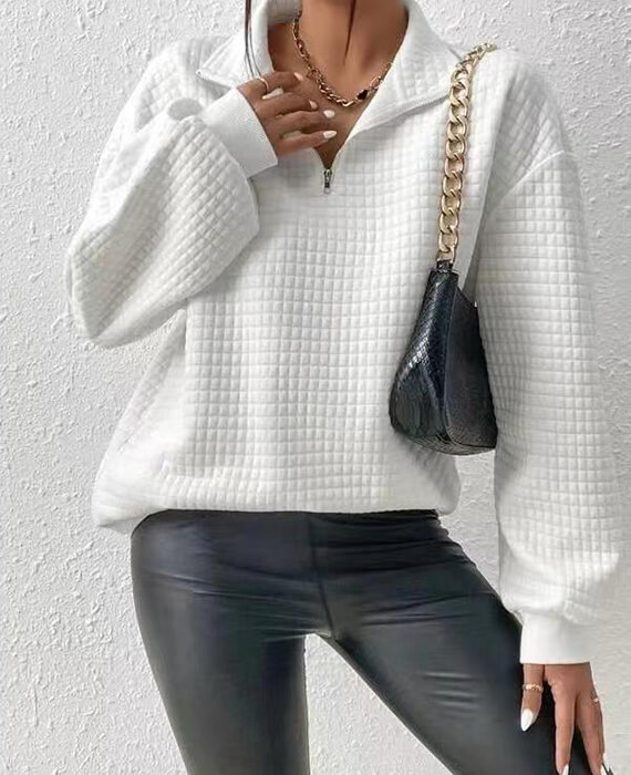 Waffle Zipper Collar Long Sleeved Hoodie 4