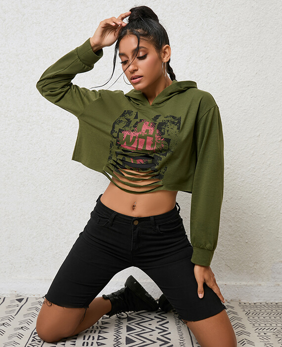 Women Cropped Hoodie Printed Stylish Pullover