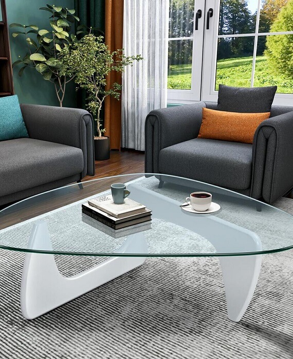 Triangle coffee sales table with storage