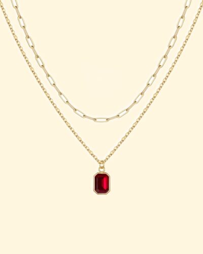 14K Gold Dainty Garnet Birthstone Layered Necklace Paperclip Chain