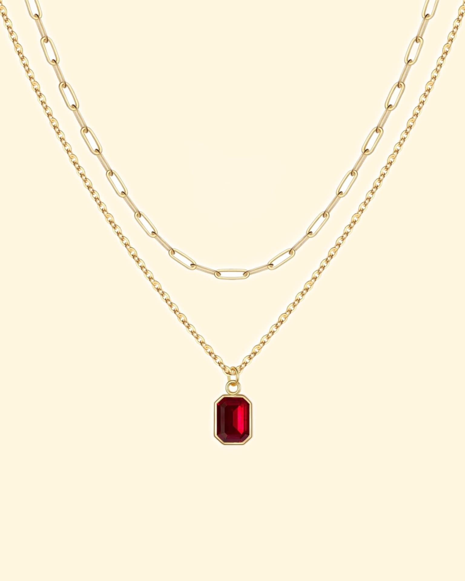 14K Gold Dainty Garnet Birthstone Layered Necklace Paperclip Chain