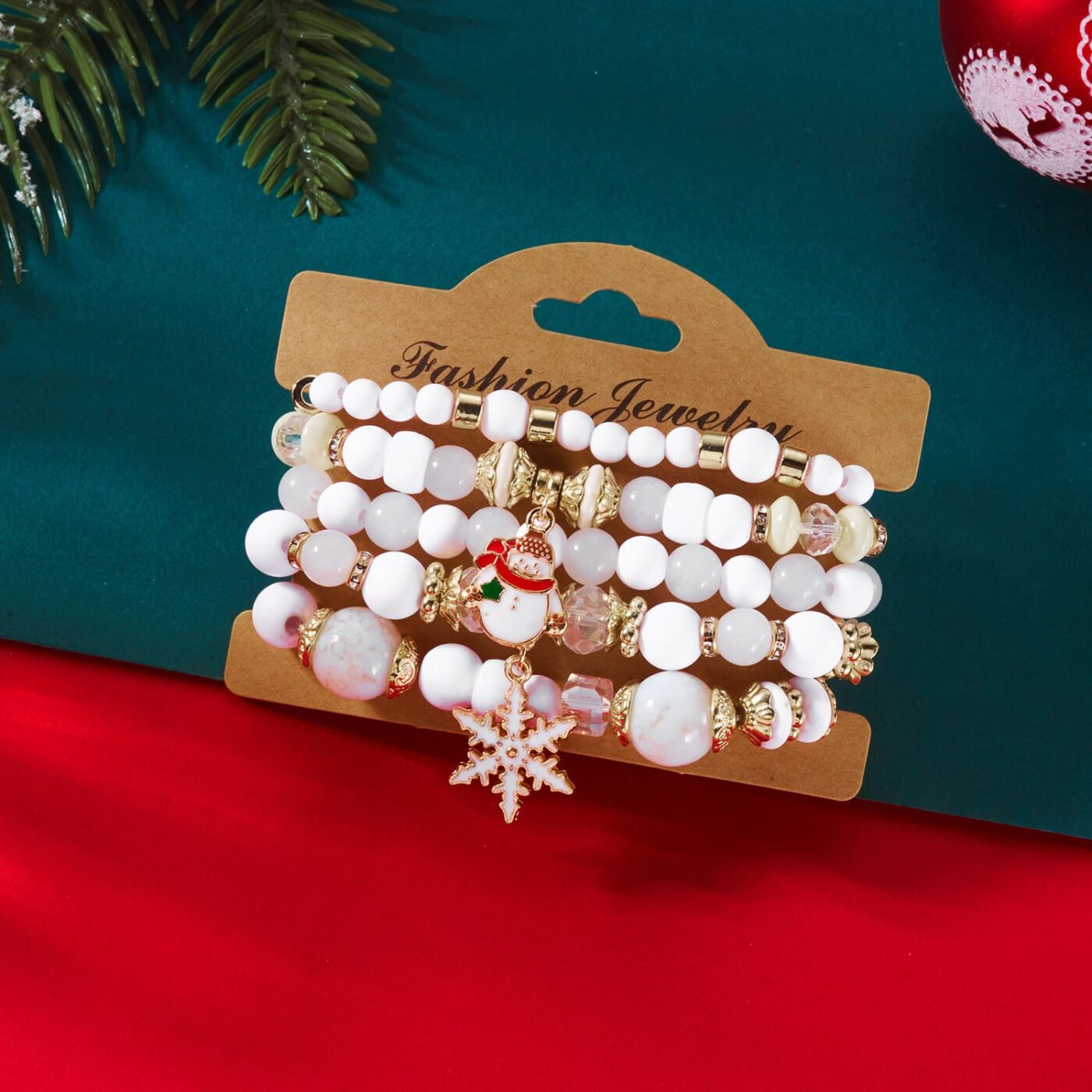 5Pcs Jingle Bell & Tree Beaded Elastic Charm Bracelets for Christmas