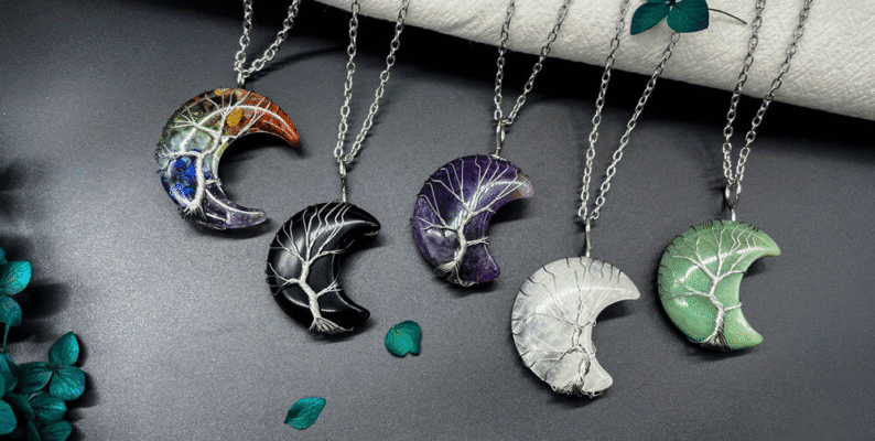 Healing Moon Crystal Necklace Wrapped with Tree of Life Bulk