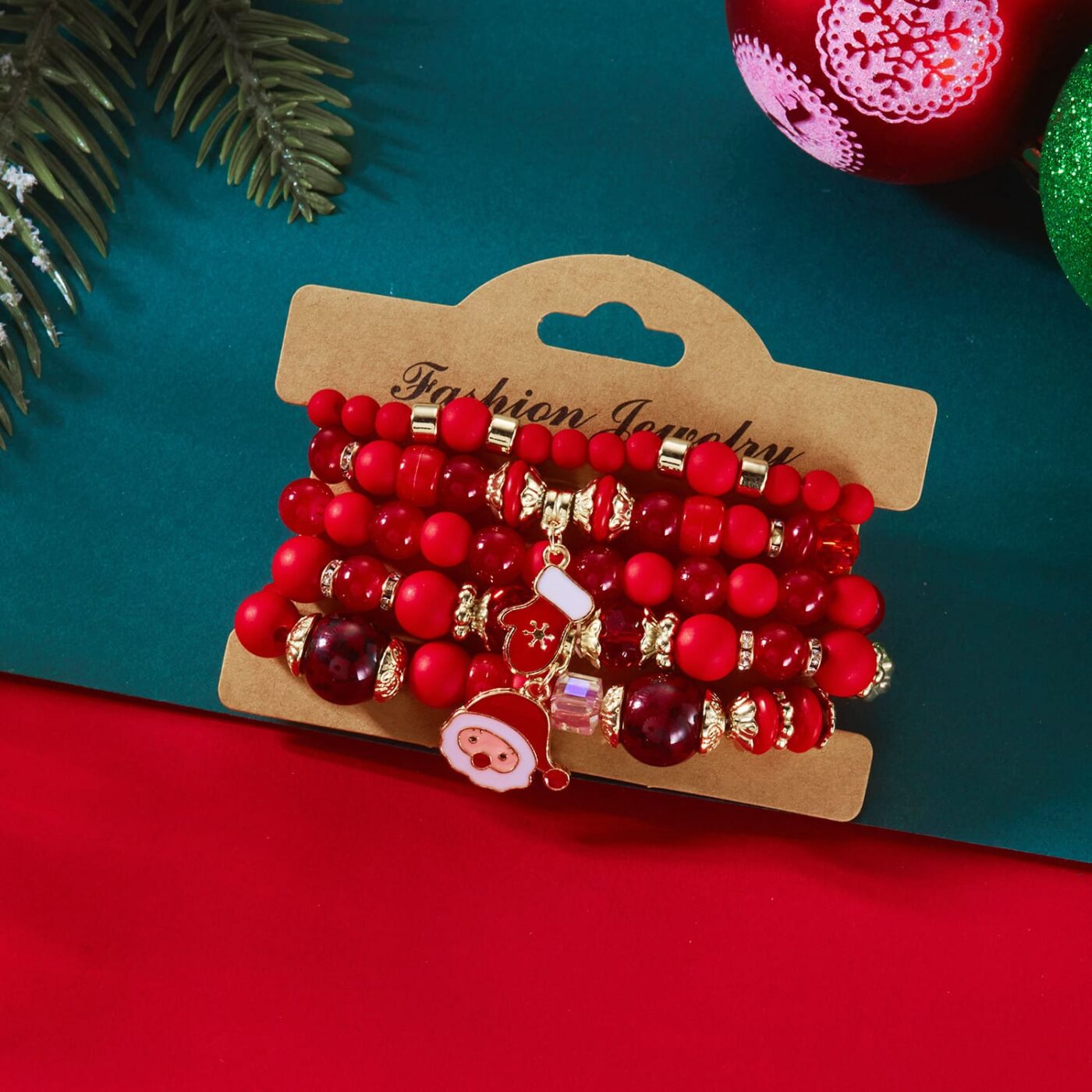 5Pcs Jingle Bell & Tree Beaded Elastic Charm Bracelets for Christmas