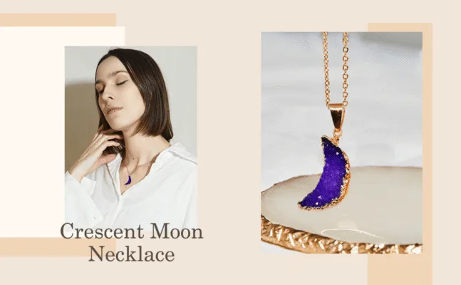 Shiny Gold-Rimmed Crescent Moon Crystal Necklace Wholesale