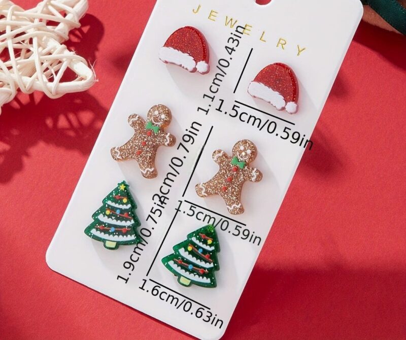 3 Pairs Acrylic Christmas Tree Santa Hat Gingerbread Man Earrings