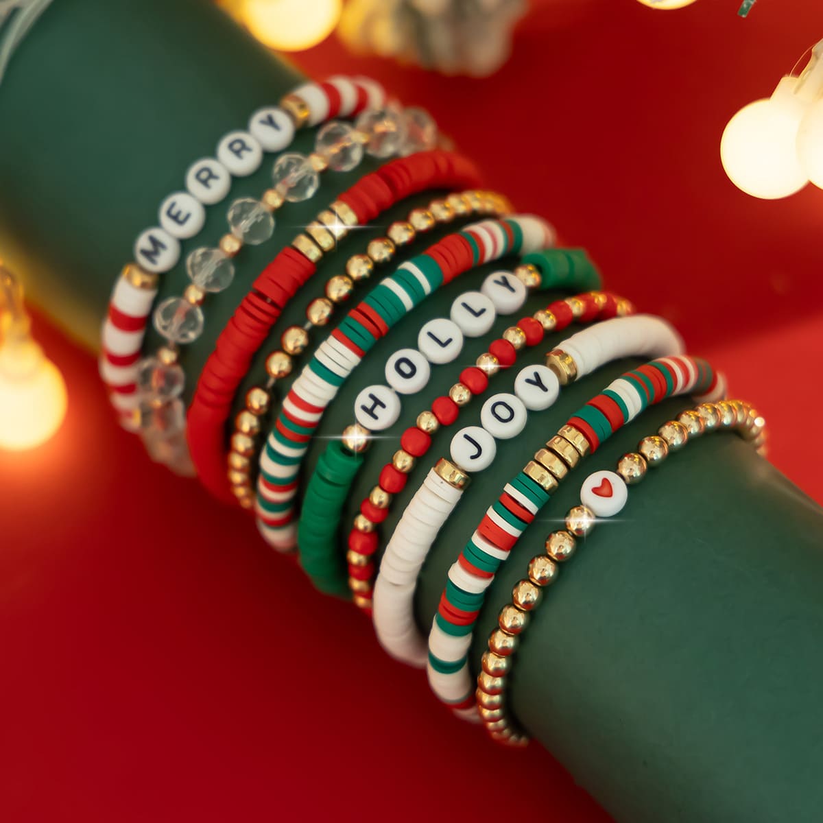 10Pcs Stacking Christmas Clay Bead Bracelets Set Xmas Gift