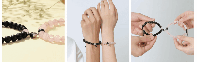 Magnetic Heart Black Pink Couple Beaded Crystal Bracelet Sets