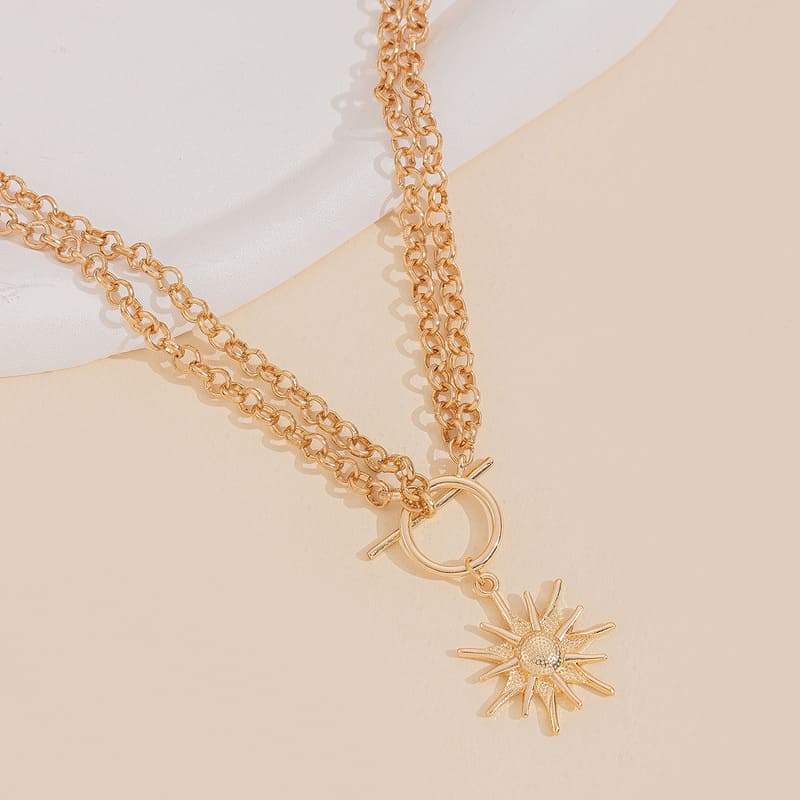 Chunky Gold Stacked Necklaces OT Buckle Sun Pendant Hip-hop