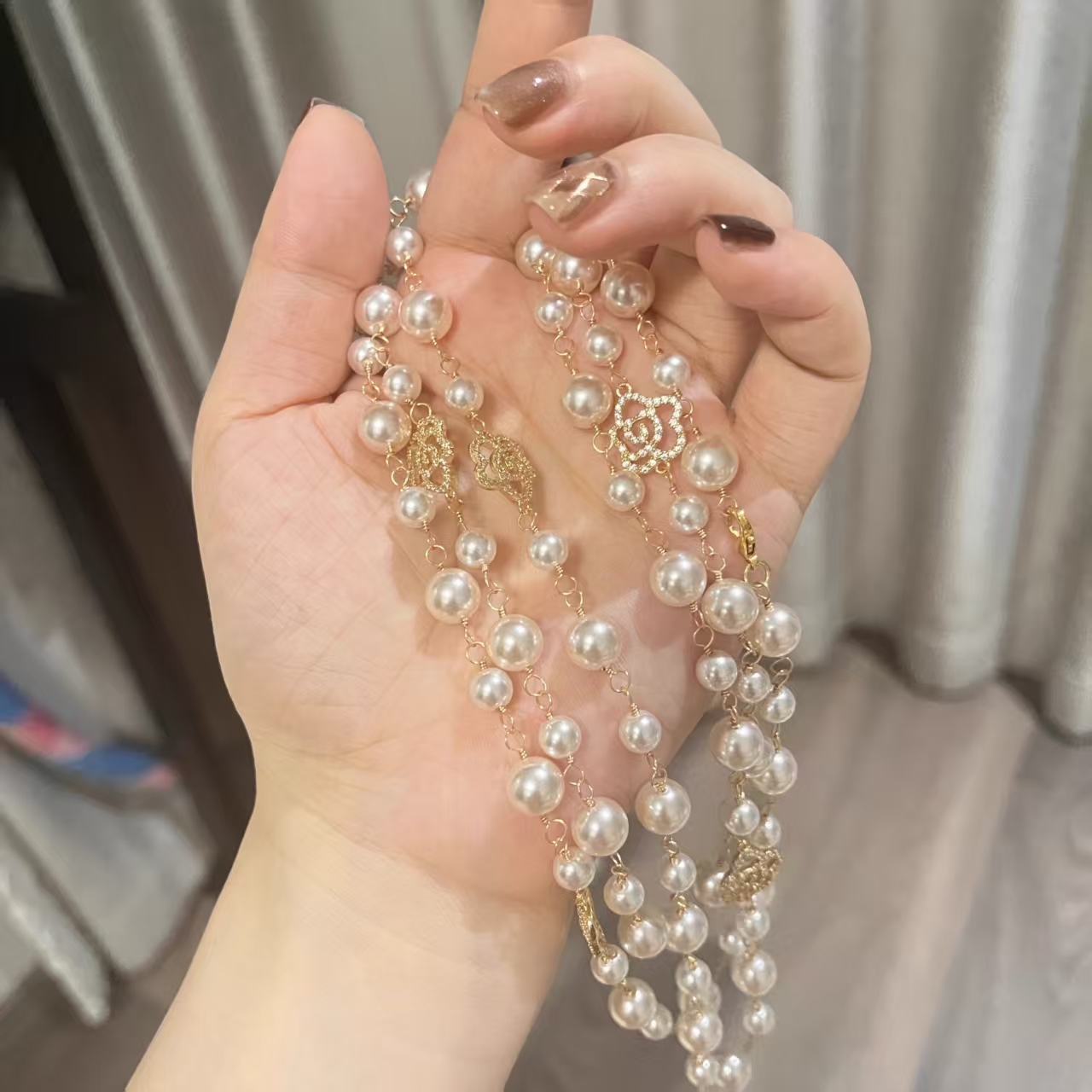 Layered Camellia Pearl Necklace Long Lariat Chain