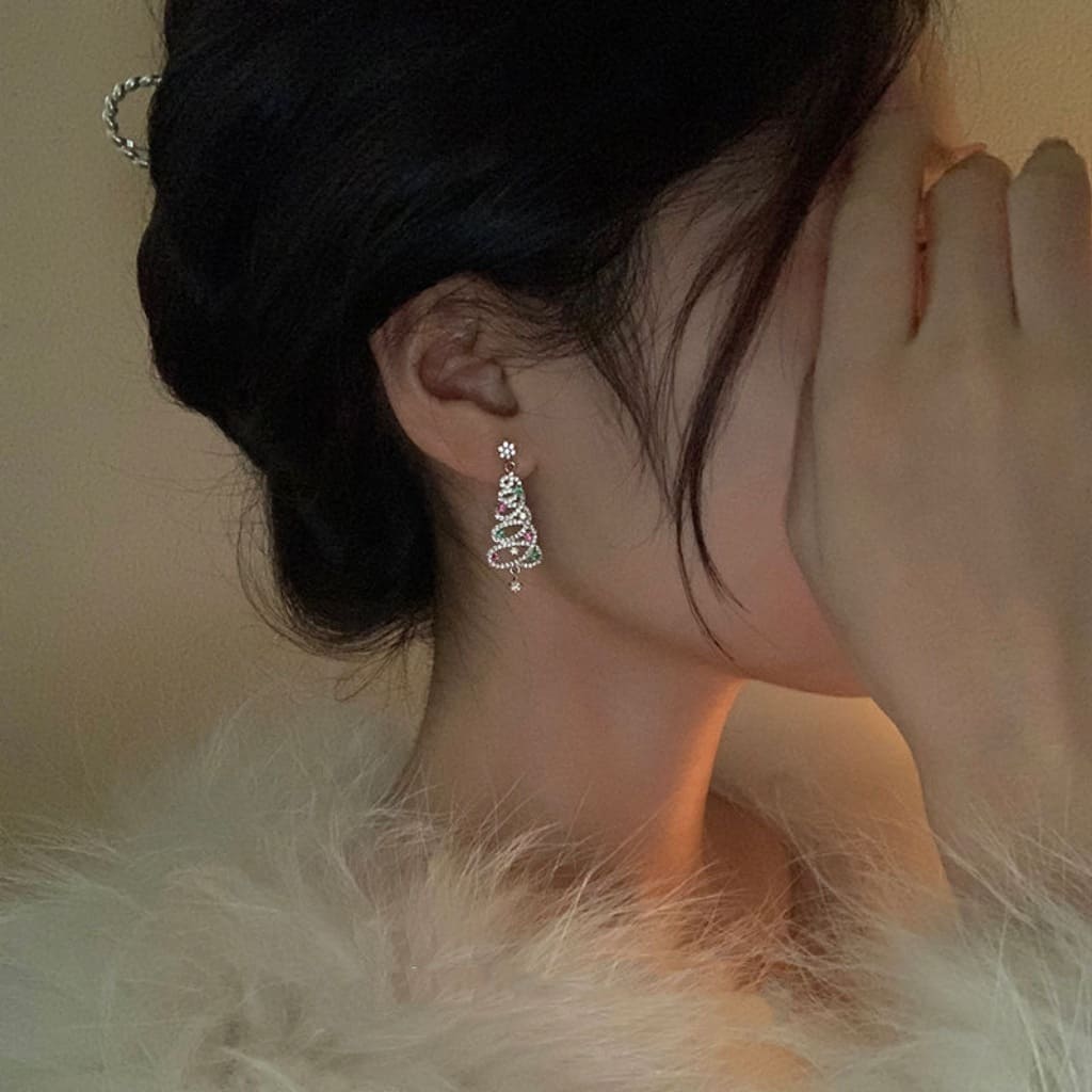 Sparkly Silver Christmas Tree Earring for Xmas Decor (2)