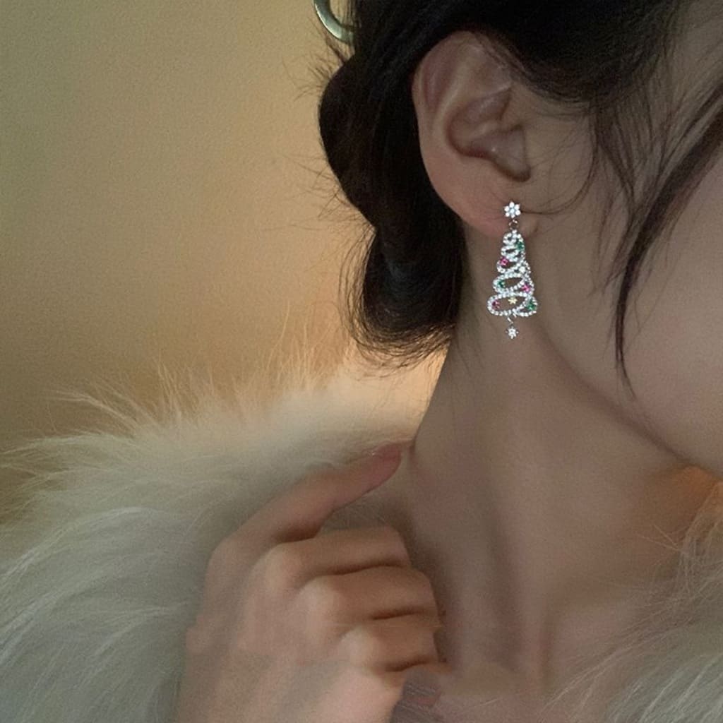 Sparkly Silver Christmas Tree Earring for Xmas Decor (2)