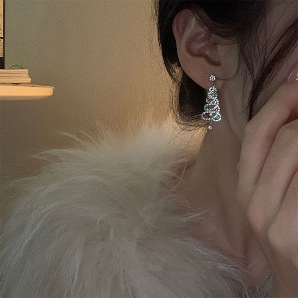 Sparkly Silver Christmas Tree Earring for Xmas Decor (2)