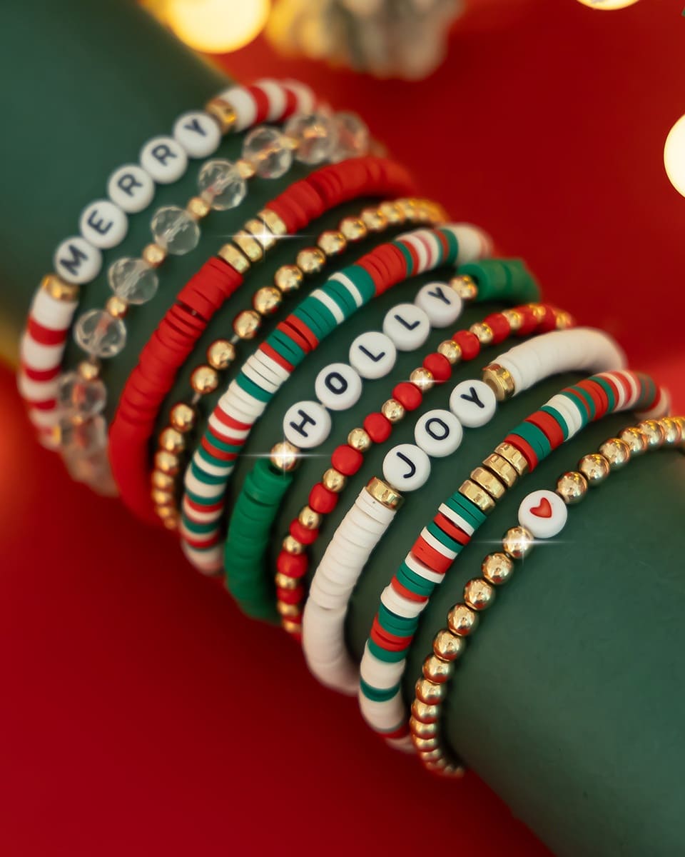10Pcs Stacking Christmas Clay Bead Bracelets Set Xmas Gift