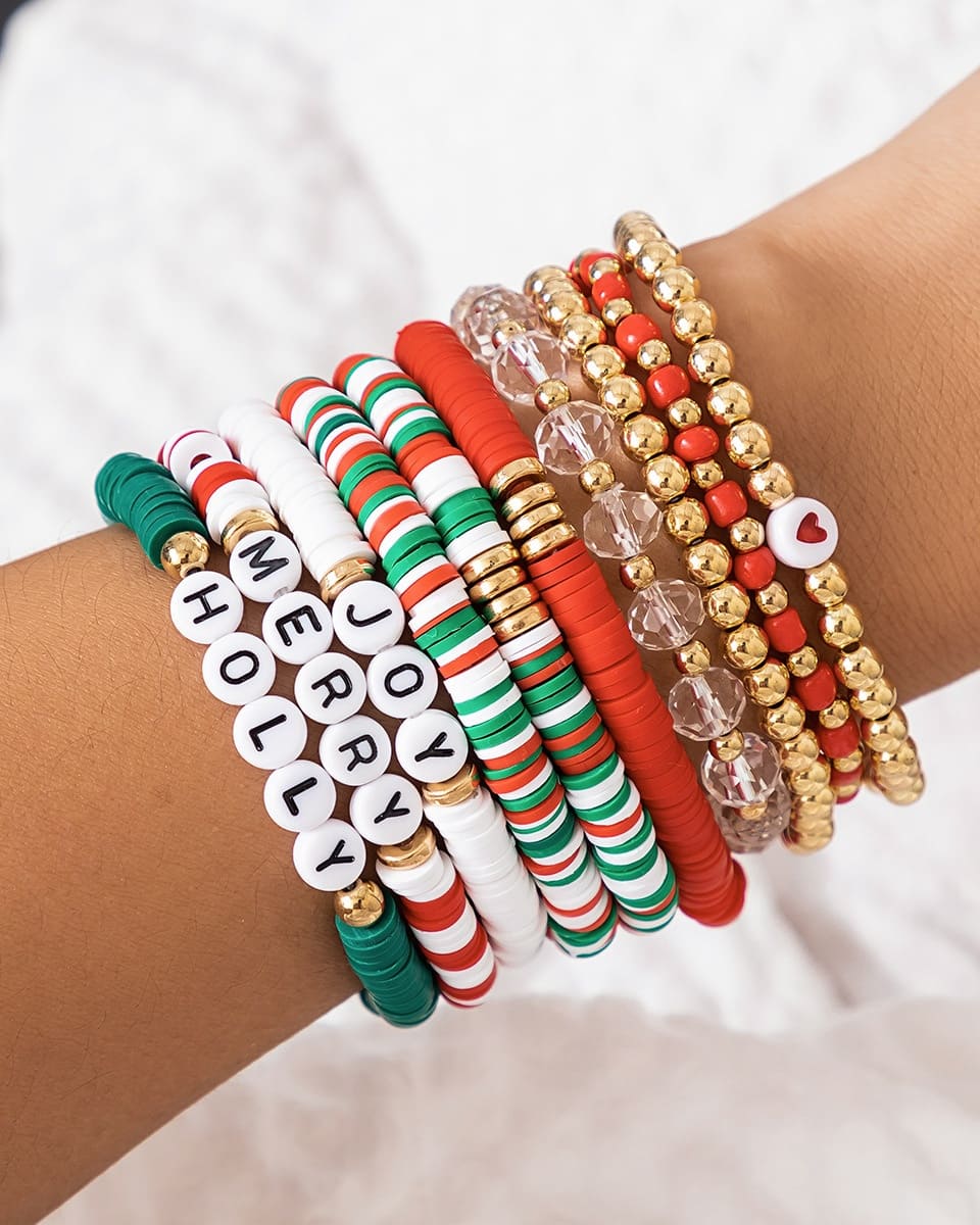 10Pcs Stacking Christmas Clay Bead Bracelets Set Xmas Gift