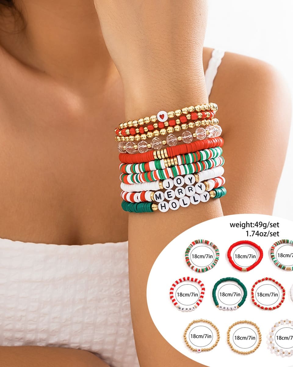 10Pcs Stacking Christmas Clay Bead Bracelets Set Xmas Gift