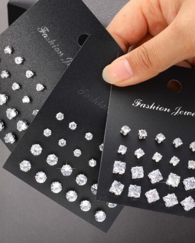 12Pairs Simple Rhinestone Stainless Steel Earring Studs
