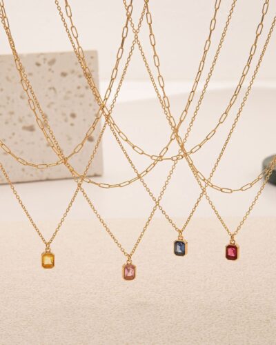 14K Gold Dainty Garnet Birthstone Layered Necklace Paperclip Chain