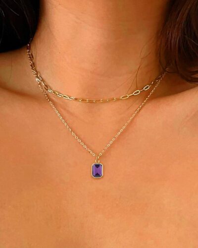 14K Gold Dainty Garnet Birthstone Layered Necklace Paperclip Chain