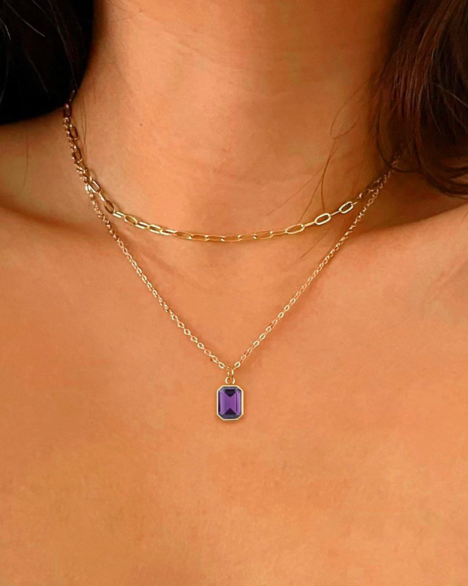 14K Gold Dainty Garnet Birthstone Layered Necklace Paperclip Chain