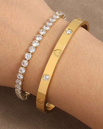 14k Gold Plated Womens Stainless Steel Bracelet Set