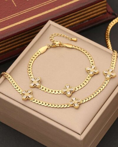 Vintage Zircon Snake Chain Stainless Steel Flower Necklace